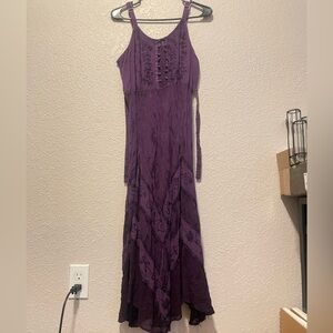 flowy embroidered dress, asymmetrical trim